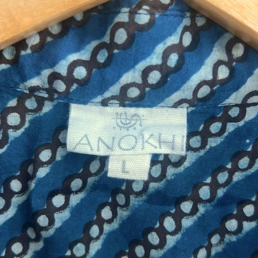 Anokhi Blue Indian resist geometric stripe Men's size L Shirt - Picture 2 of 7